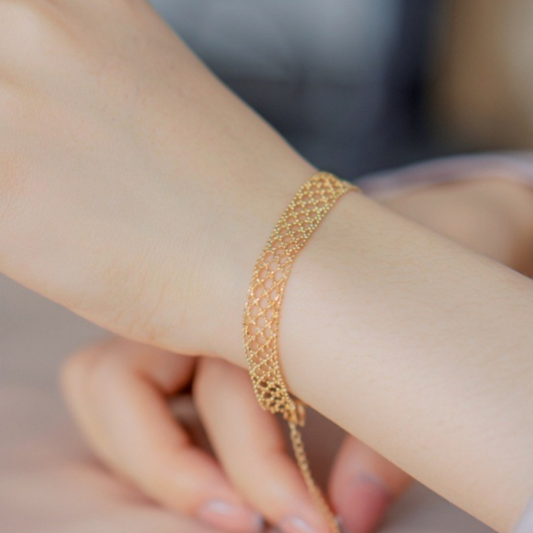 Gold Beaded Mesh Adjustable Minimalist Bracelet Ring Set