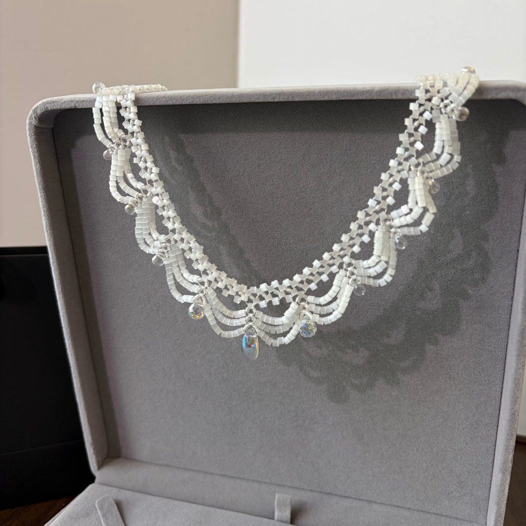 Handwoven White Opal Crystal Beaded Lace Necklace / Bracelet