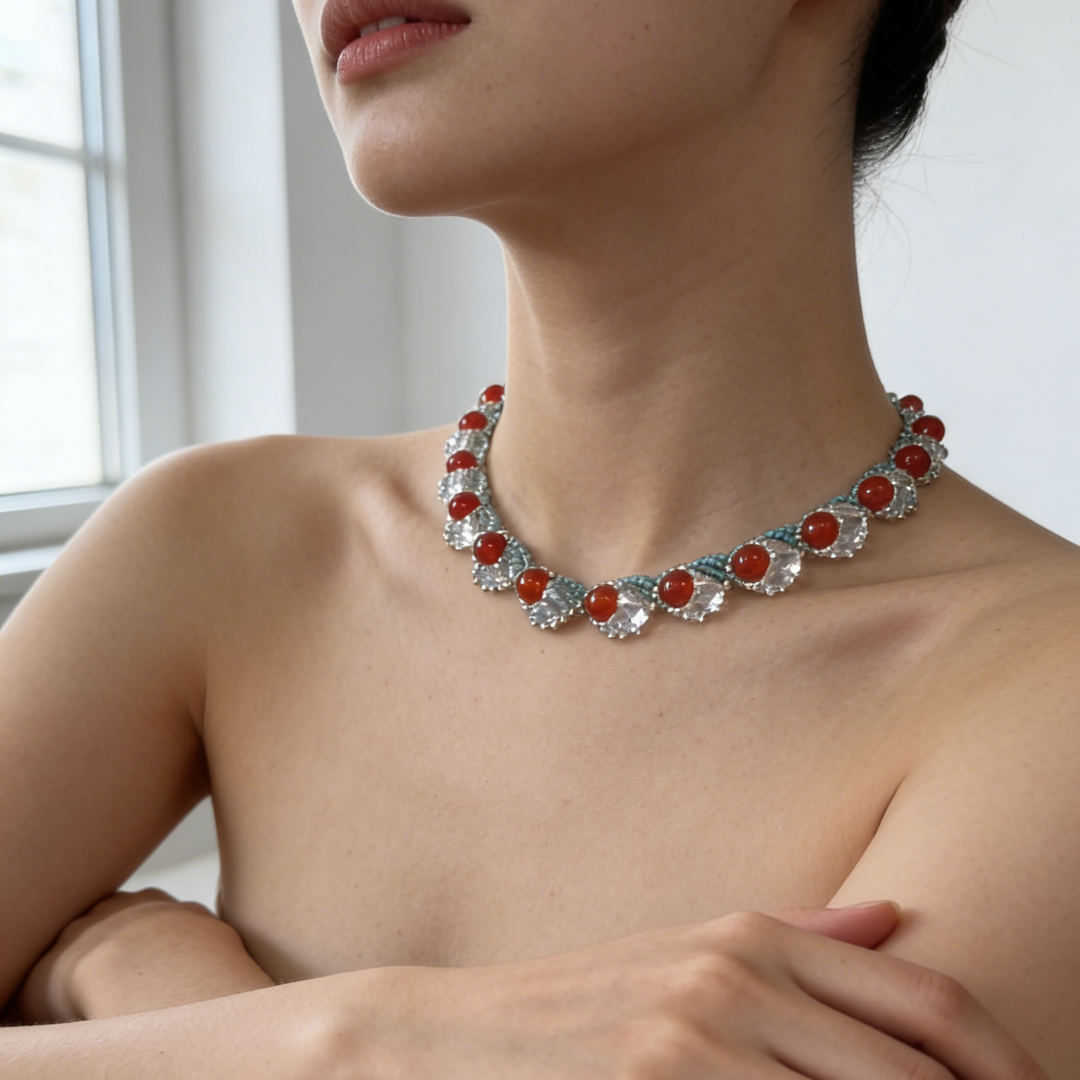 Handwoven Red Agate Lace Vintage Multi Layer Statement Necklace / Bracelet