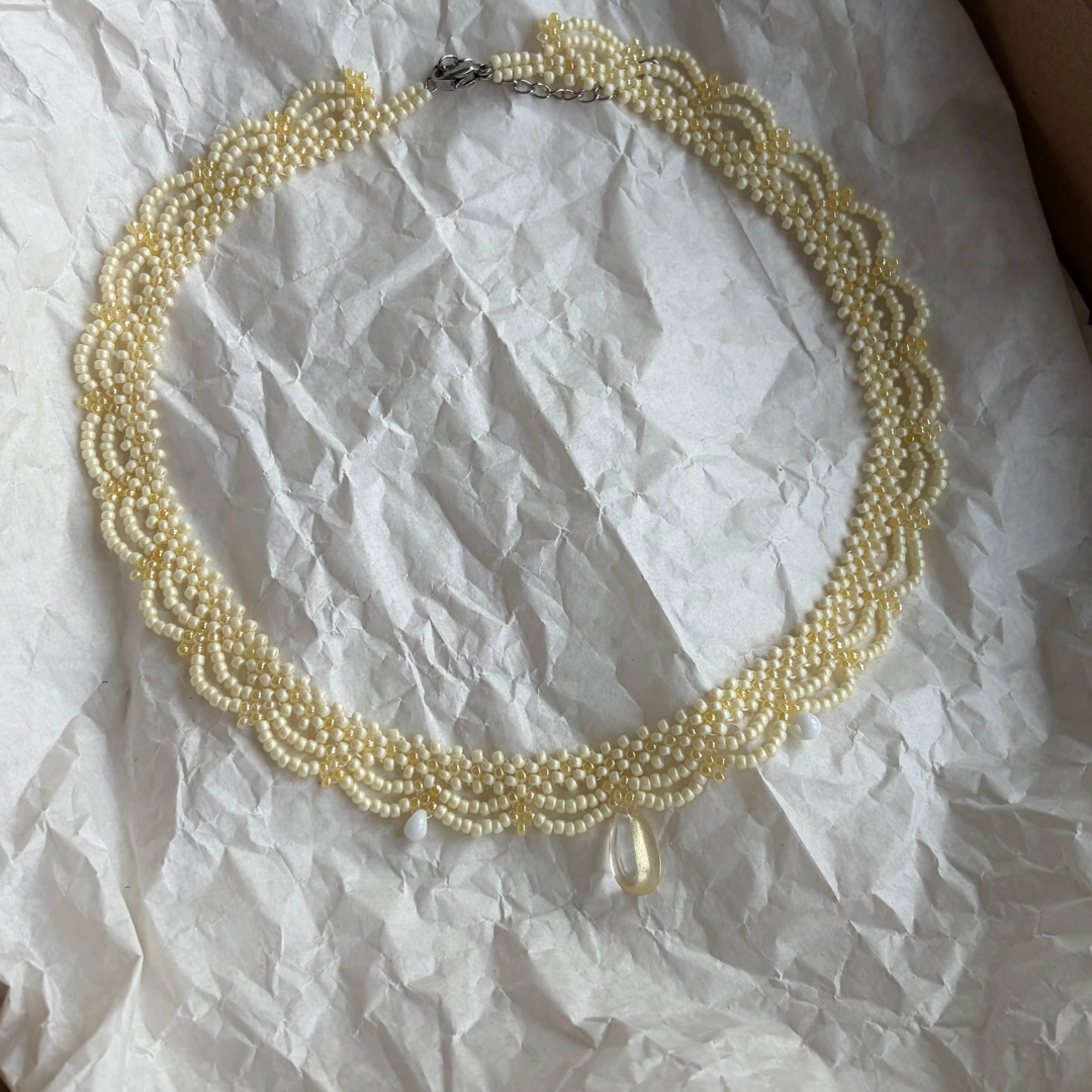 Handwoven Beaded Lace Pale Yellow Vintage French Style Necklace