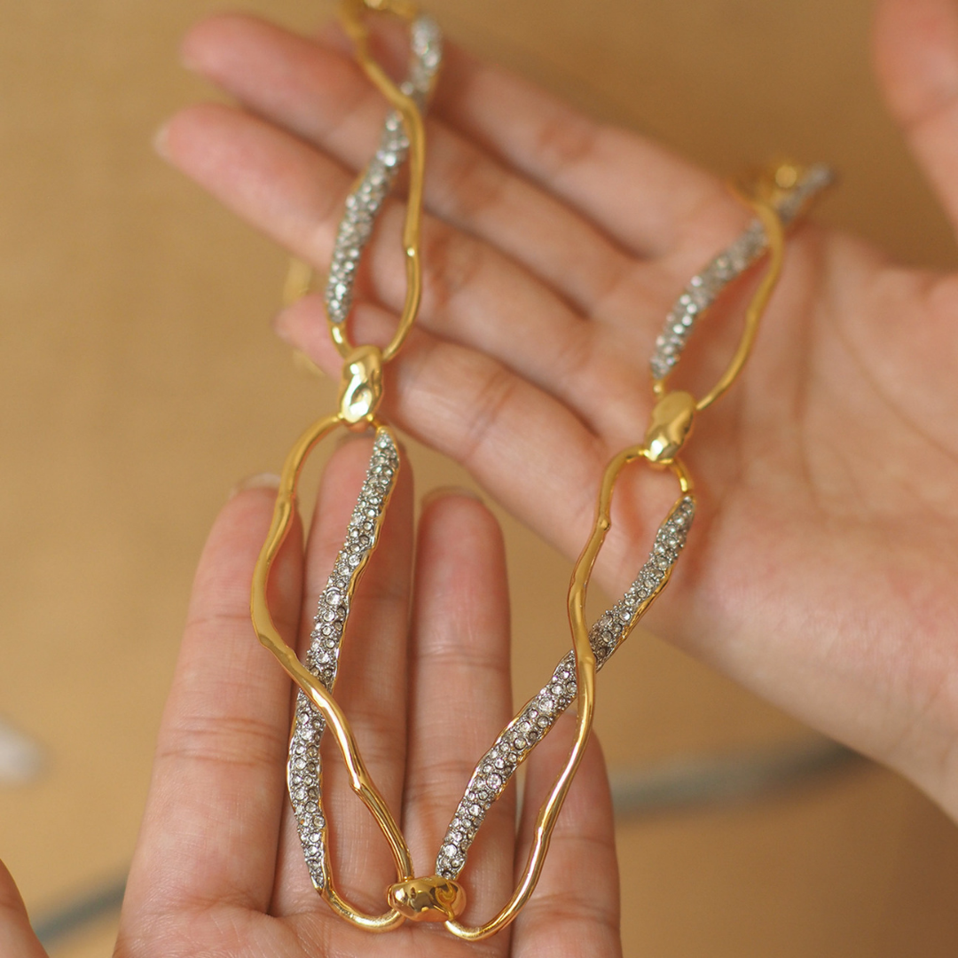 Gold Silver Chain Link Cubic Zirconia Statement Modern Necklace