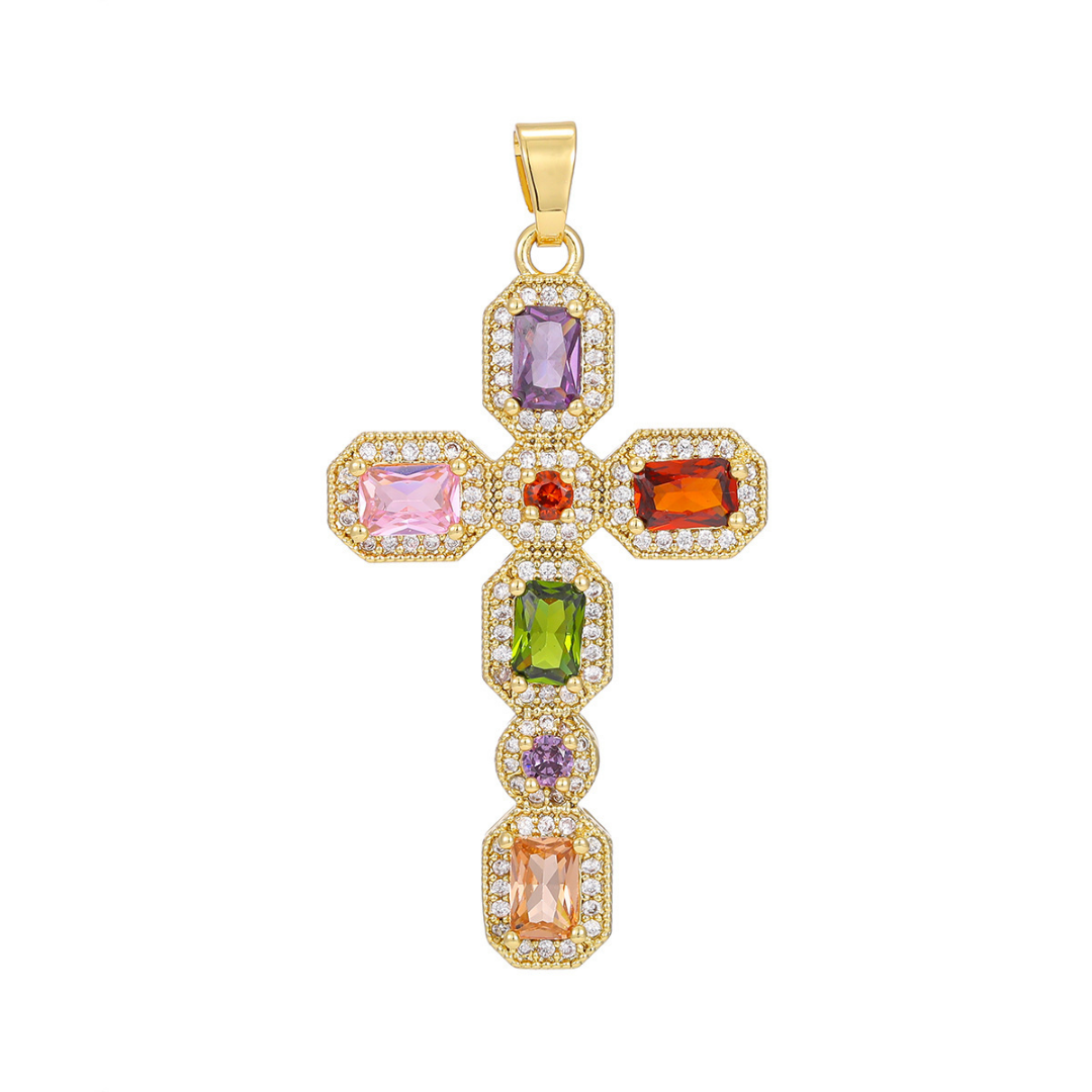 Micro Pave Multicolor Zirconia Cross Pendant Necklace