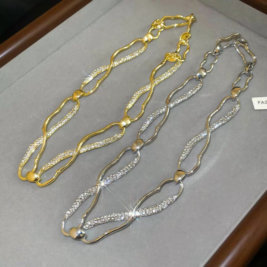 Gold Silver Chain Link Cubic Zirconia Statement Modern Necklace