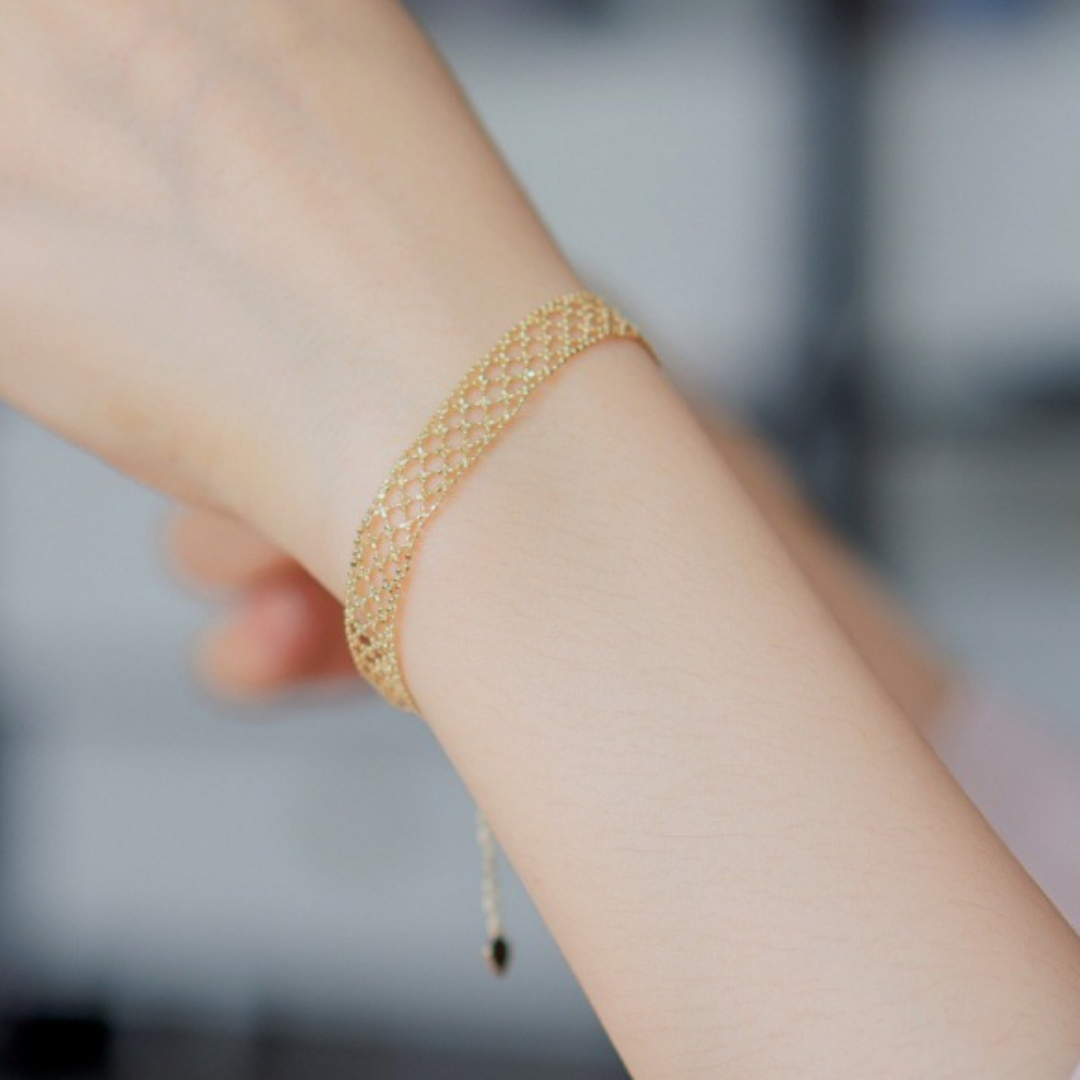 Gold Beaded Mesh Adjustable Minimalist Bracelet Ring Set