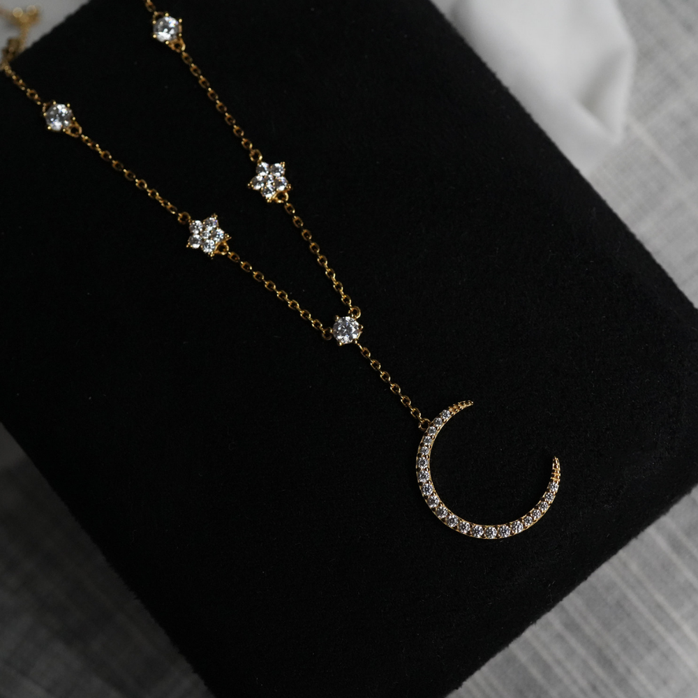 Crescent Moon Star Cubic Zirconia Gold Dainty Necklace