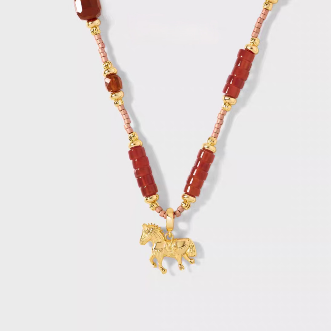 Red Agate Horse Charm Necklace Gold Beaded Pendant Necklace / Bracelet