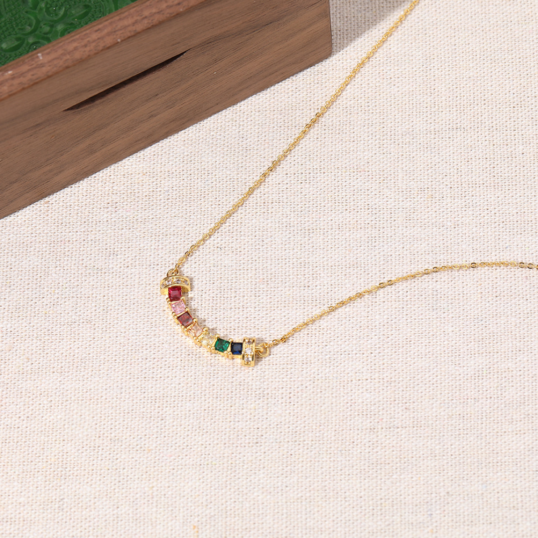 Rainbow Baguette Curve Lab-Grown Diamond Sterling Silver Necklace