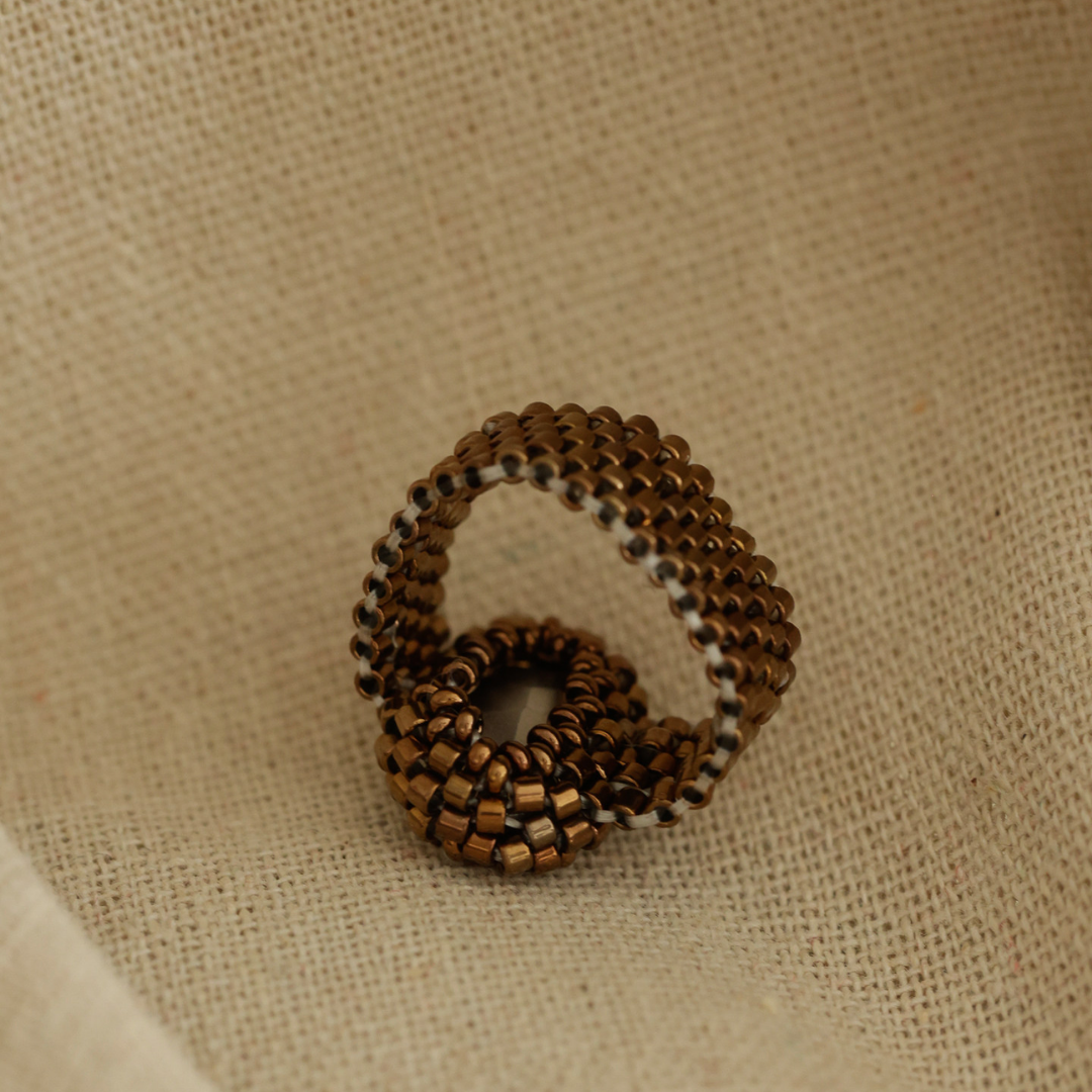 Handwoven Beaded Red Crystal Statement Ring Vintage Adjustable Ring