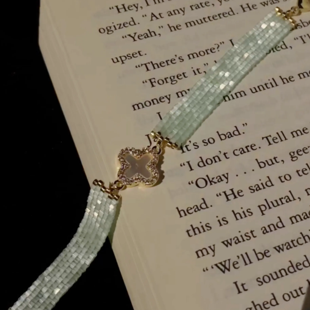 Handwoven Japanese Vintage Green Beaded Clover Bracelet