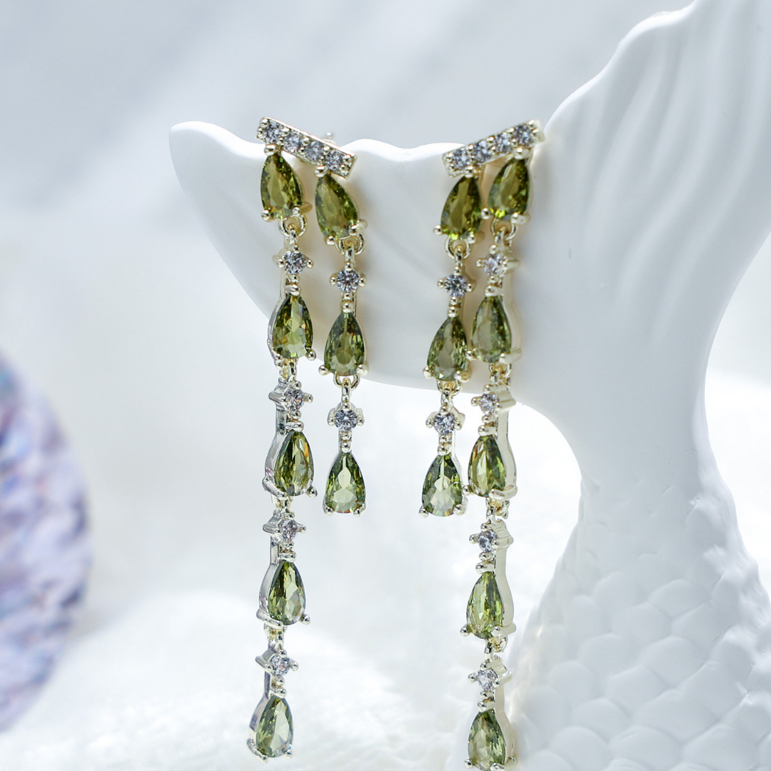 Green Teardrop Cubic Zirconia Dangle Elegant Statement Earrings