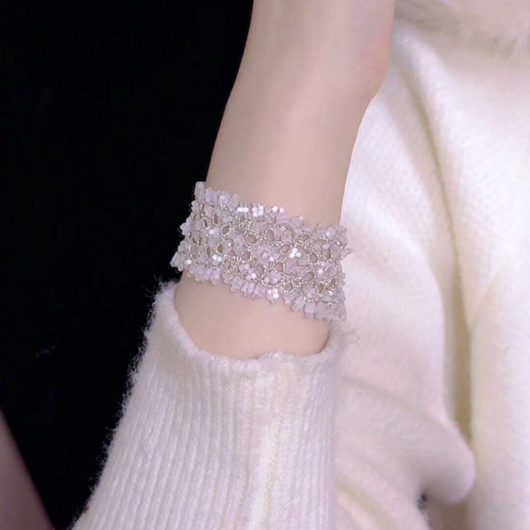 White Moonstone Lace Beaded Handwoven Frivolite Bracelet