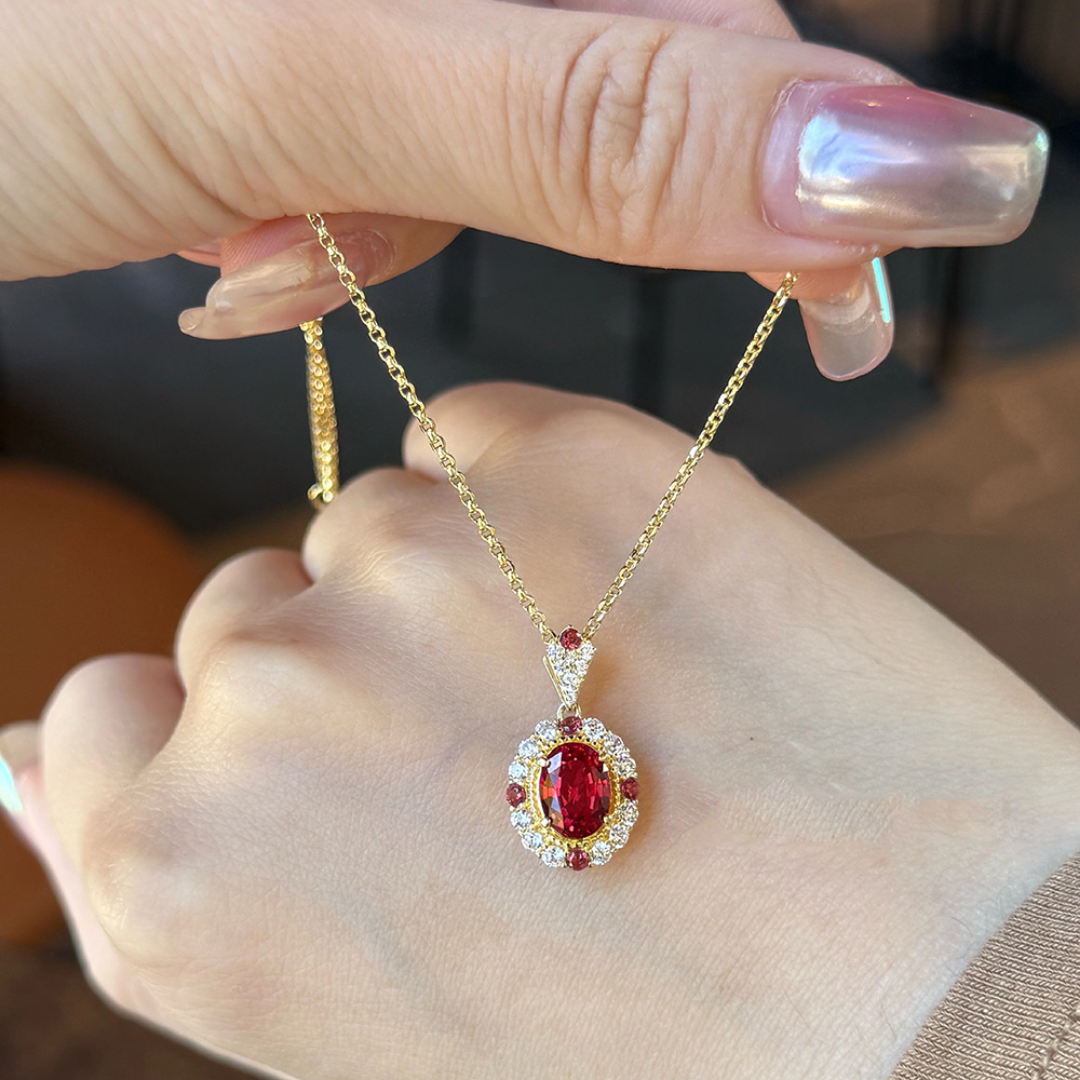 Vintage Roman Lab Ruby Halo Pendant Red Gemstone Necklace