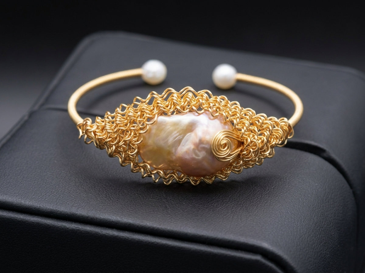 Handmade Wire Wrapped Pearl Bangle, Freshwater Baroque Pearl Silver Cuff Bracelet, Unique Bridal Gift for Her, Adjustable Jewelry