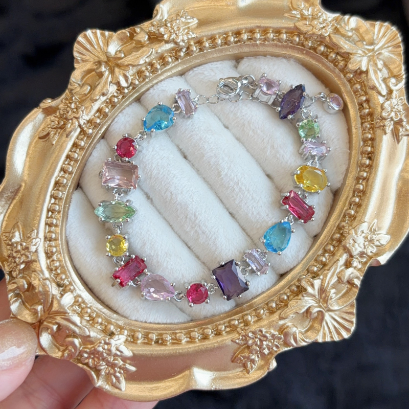 Rainbow Cubic Zirconia S925 Sterling Silver Tennis Bracelet Adjustable Dainty Colorful Jewelry