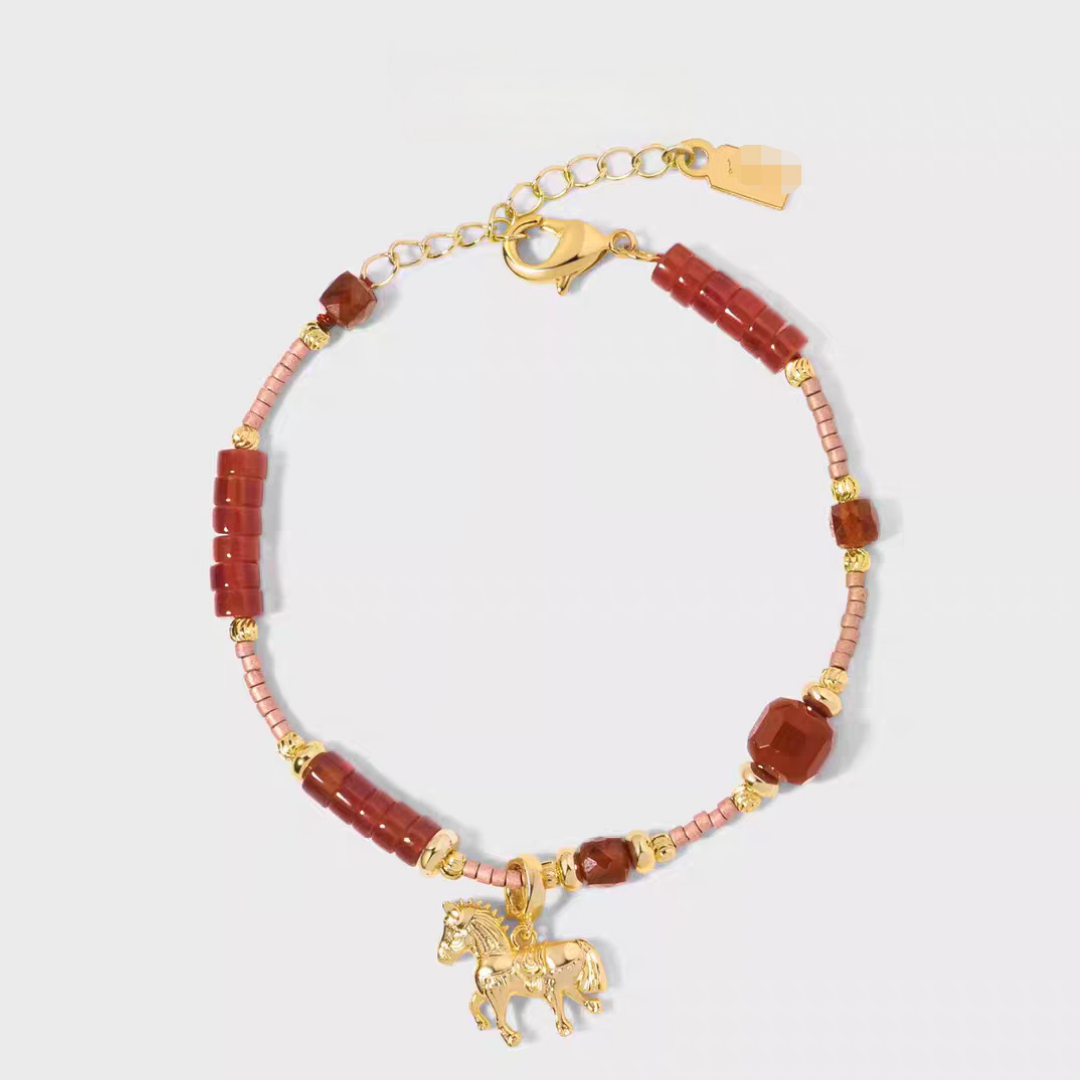 Red Agate Horse Charm Necklace Gold Beaded Pendant Necklace / Bracelet