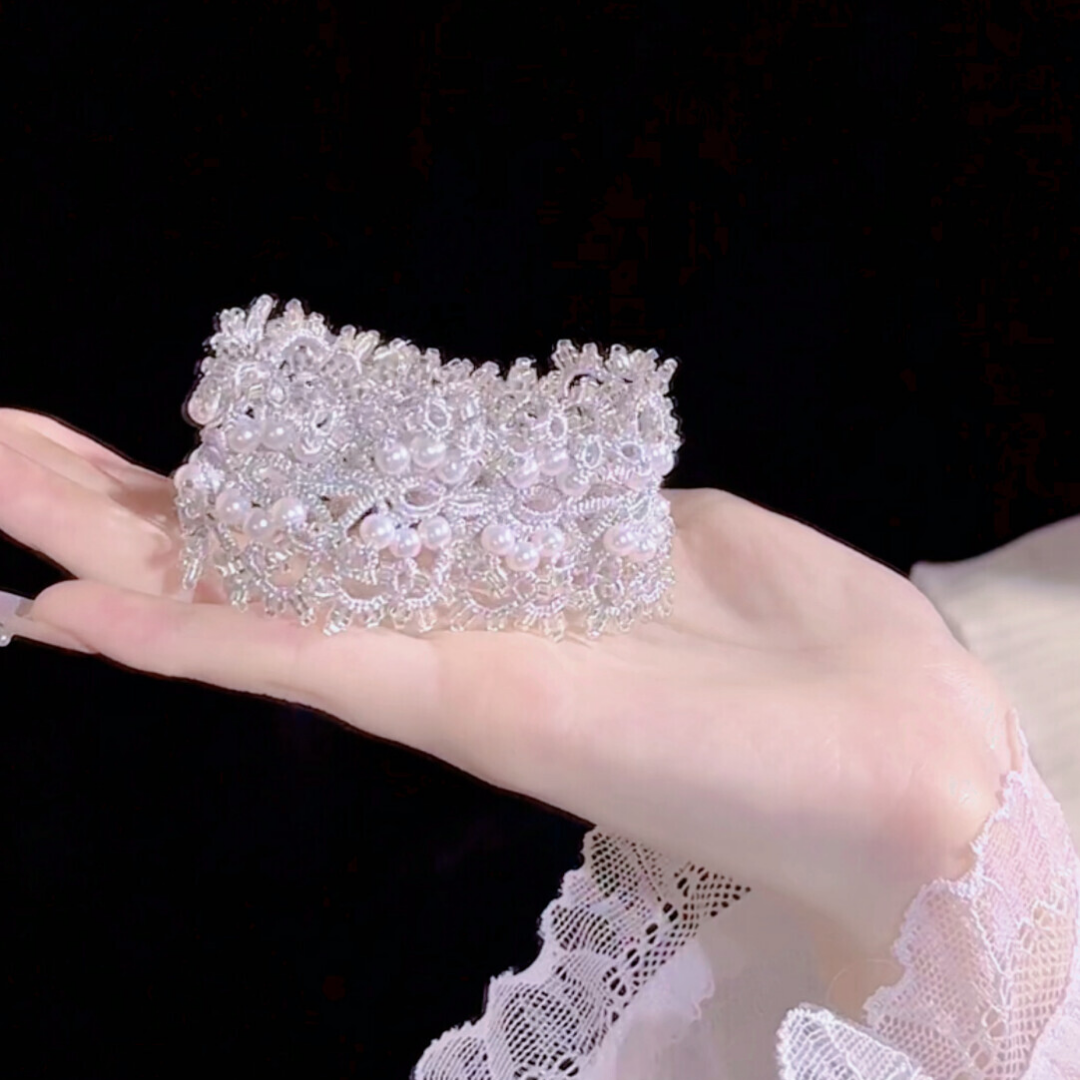 White Pearl Handwoven Tatting Lace Adjustable Bracelet