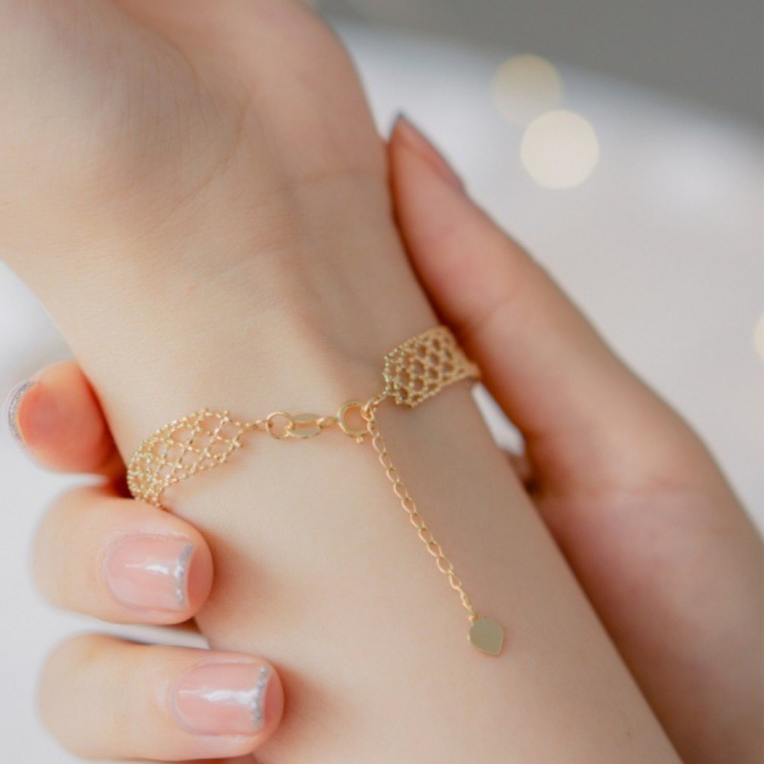 Gold Beaded Mesh Adjustable Minimalist Bracelet Ring Set