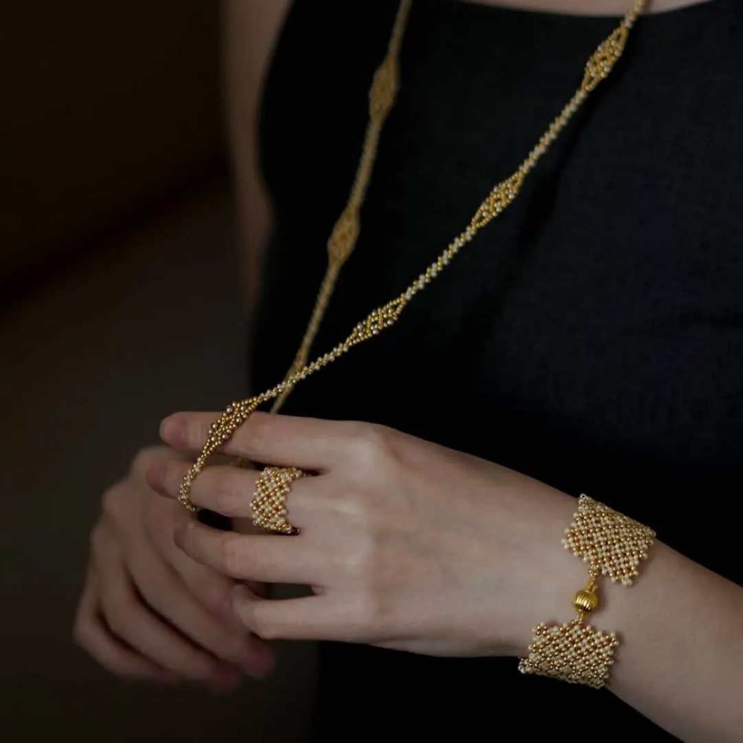 Handwoven  Champagne Gold Beaded Lace Pearl Bracelet / Necklace / Ring