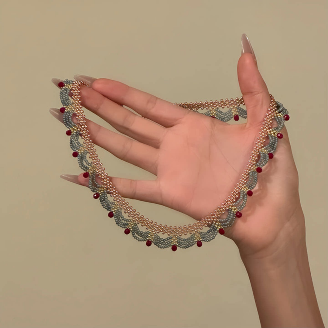 Handwoven Royal Red Blue Lace Choker Vintage Statement Necklace