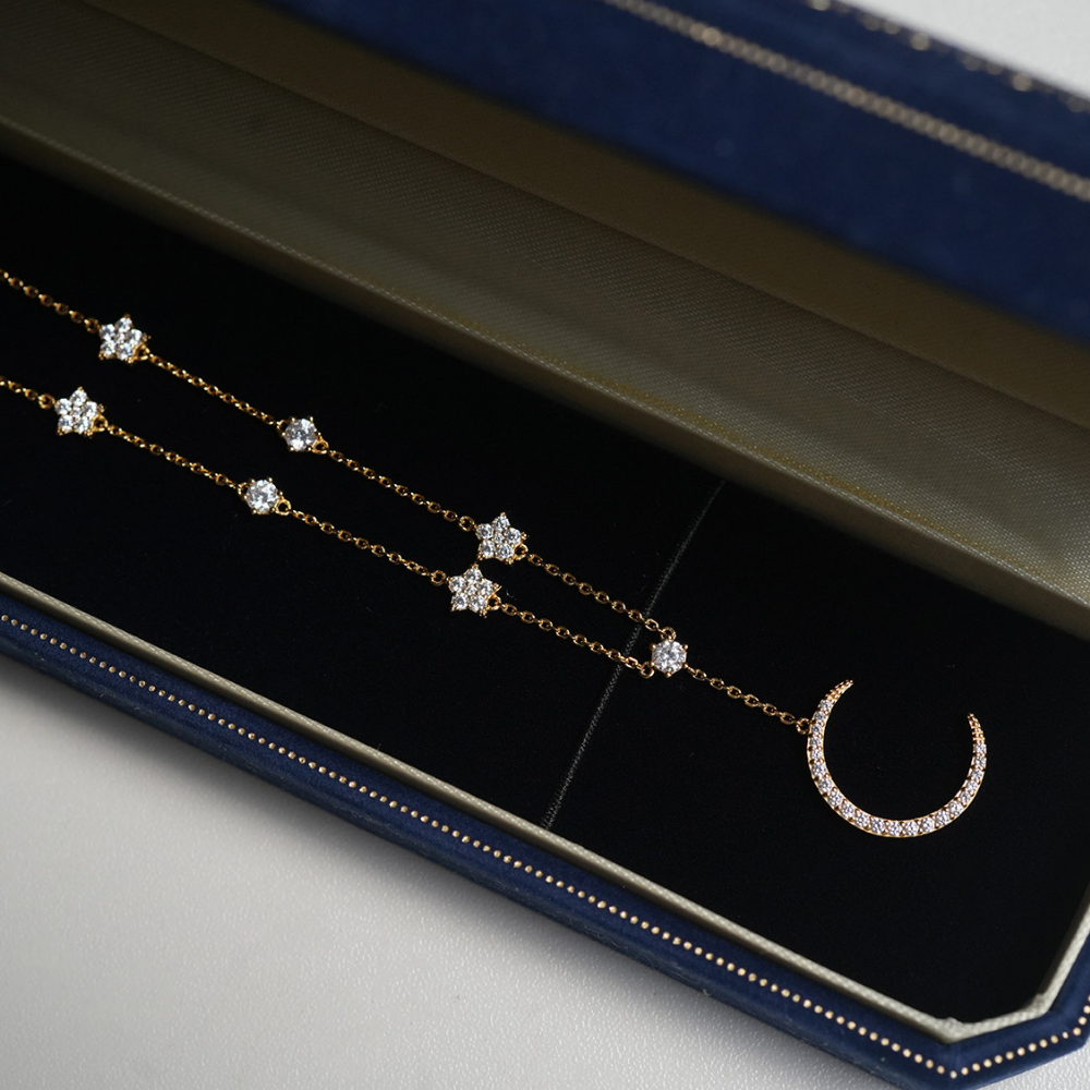 Crescent Moon Star Cubic Zirconia Gold Dainty Necklace