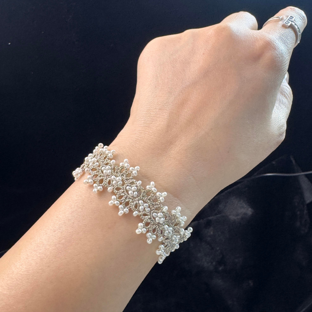 Handwoven Pearl & Zircon Lace Bracelet