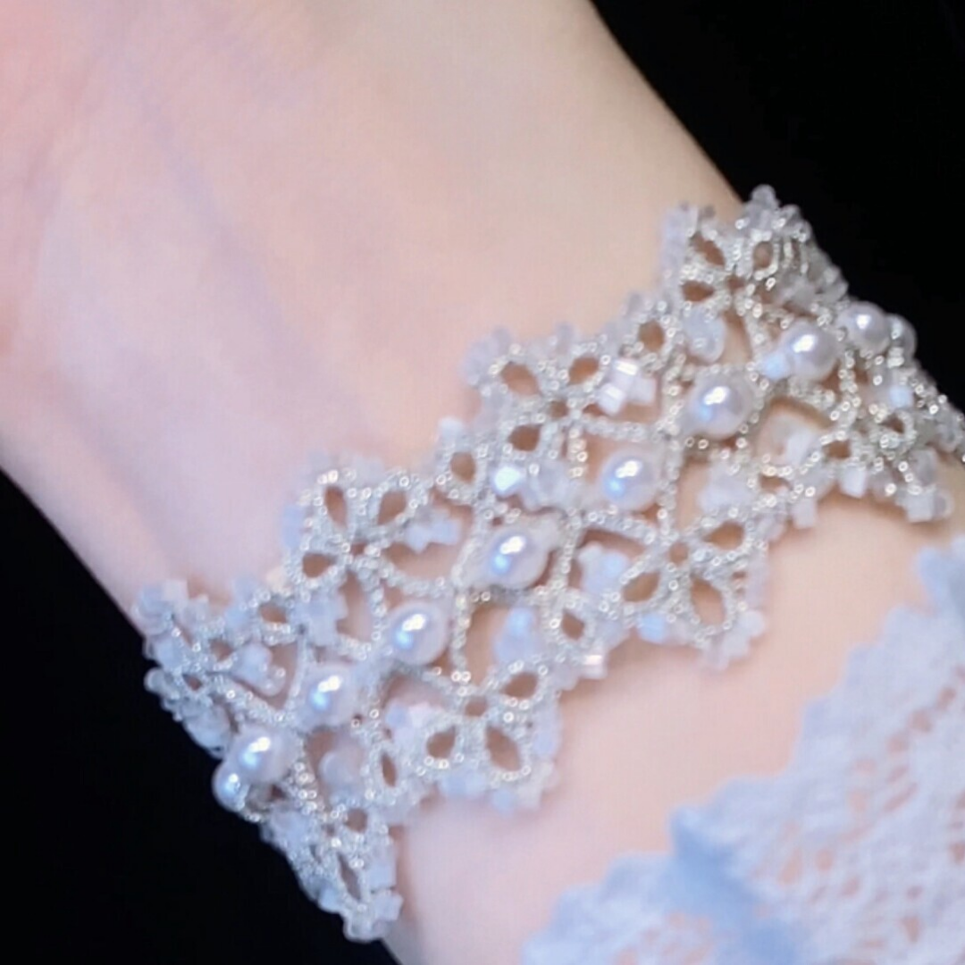 French Vintage Pearl Handwoven Tatting Bracelet