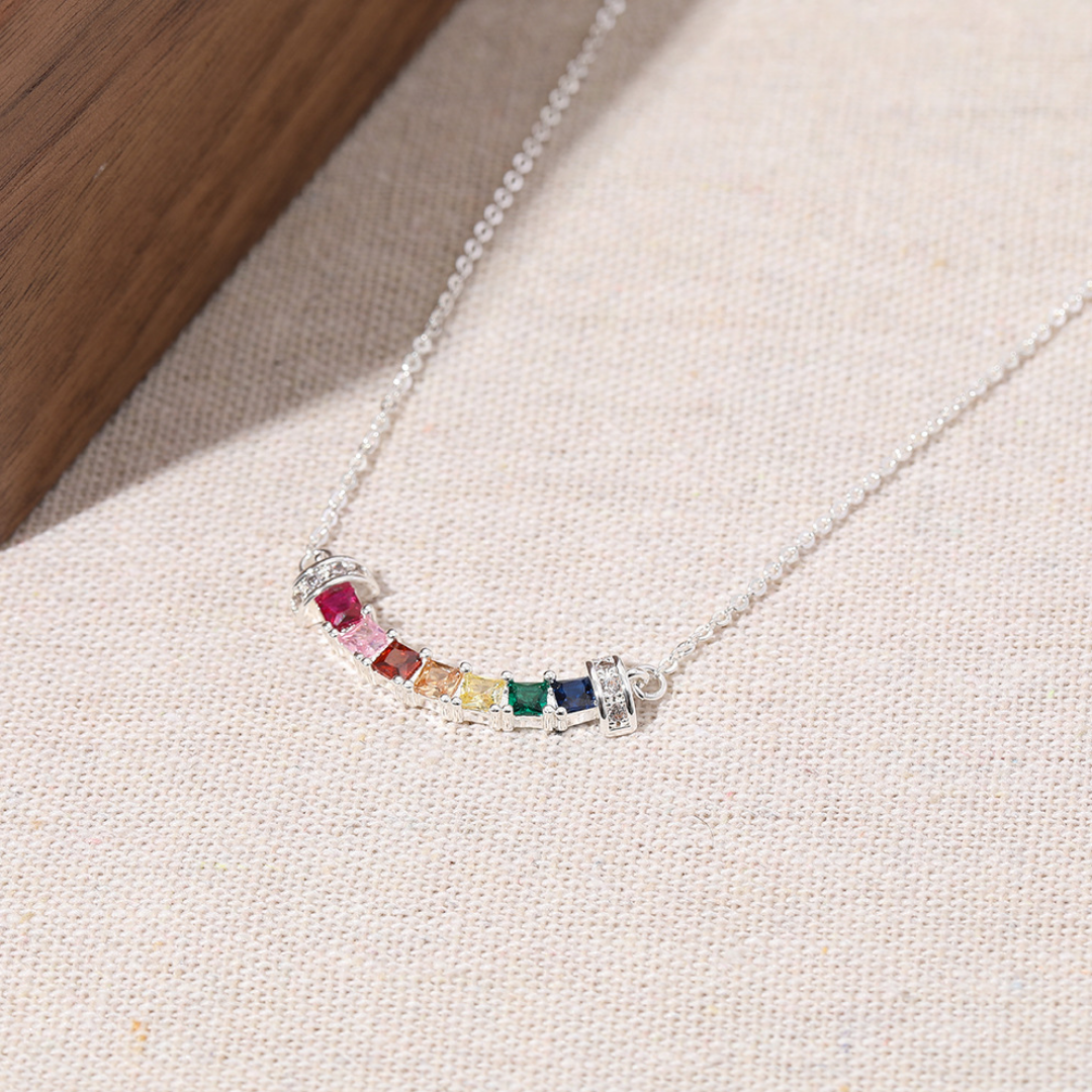 Rainbow Baguette Curve Lab-Grown Diamond Sterling Silver Necklace