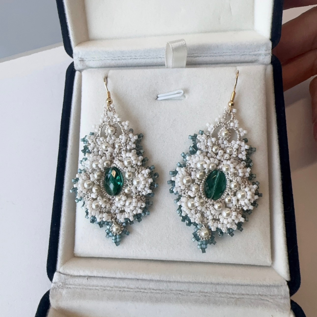 Handwoven Pearl Crystal Beaded Lace Statement Earrings