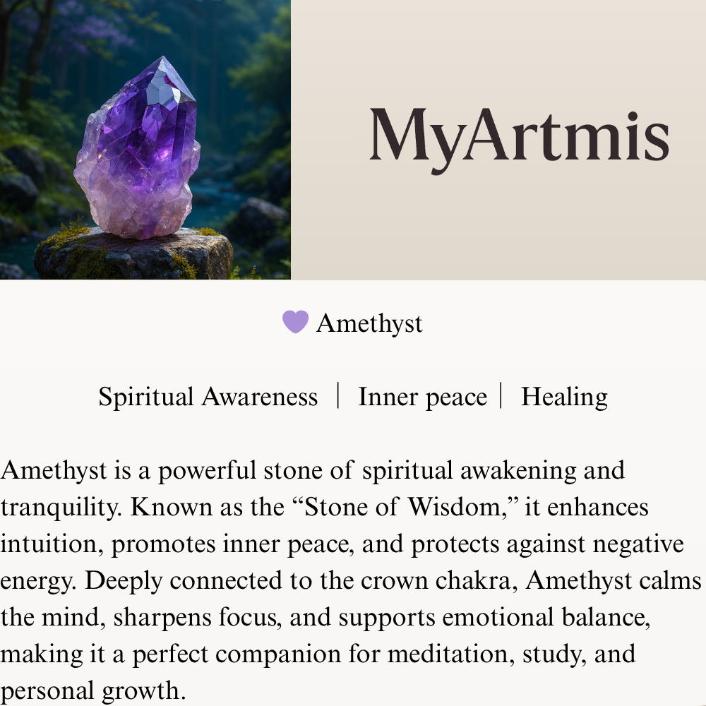 Amethyst crystal on a rock with 'MyArtmis' branding and description text.