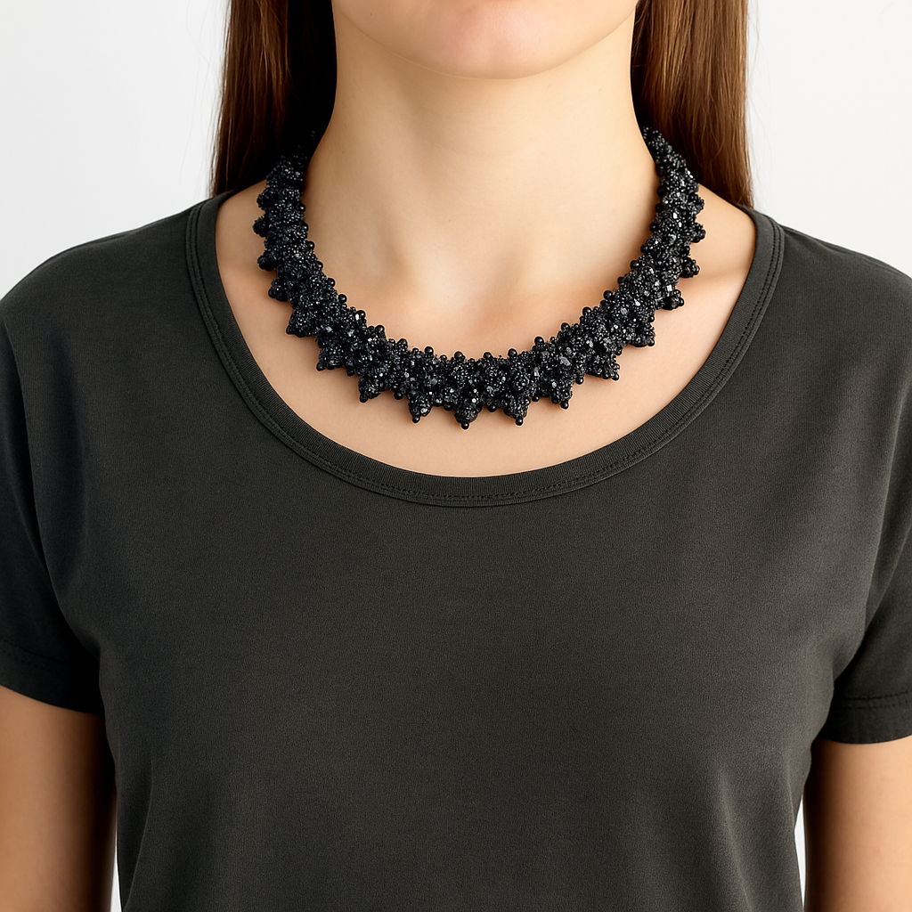 Handwoven Black Lace Beaded Statement Necklace