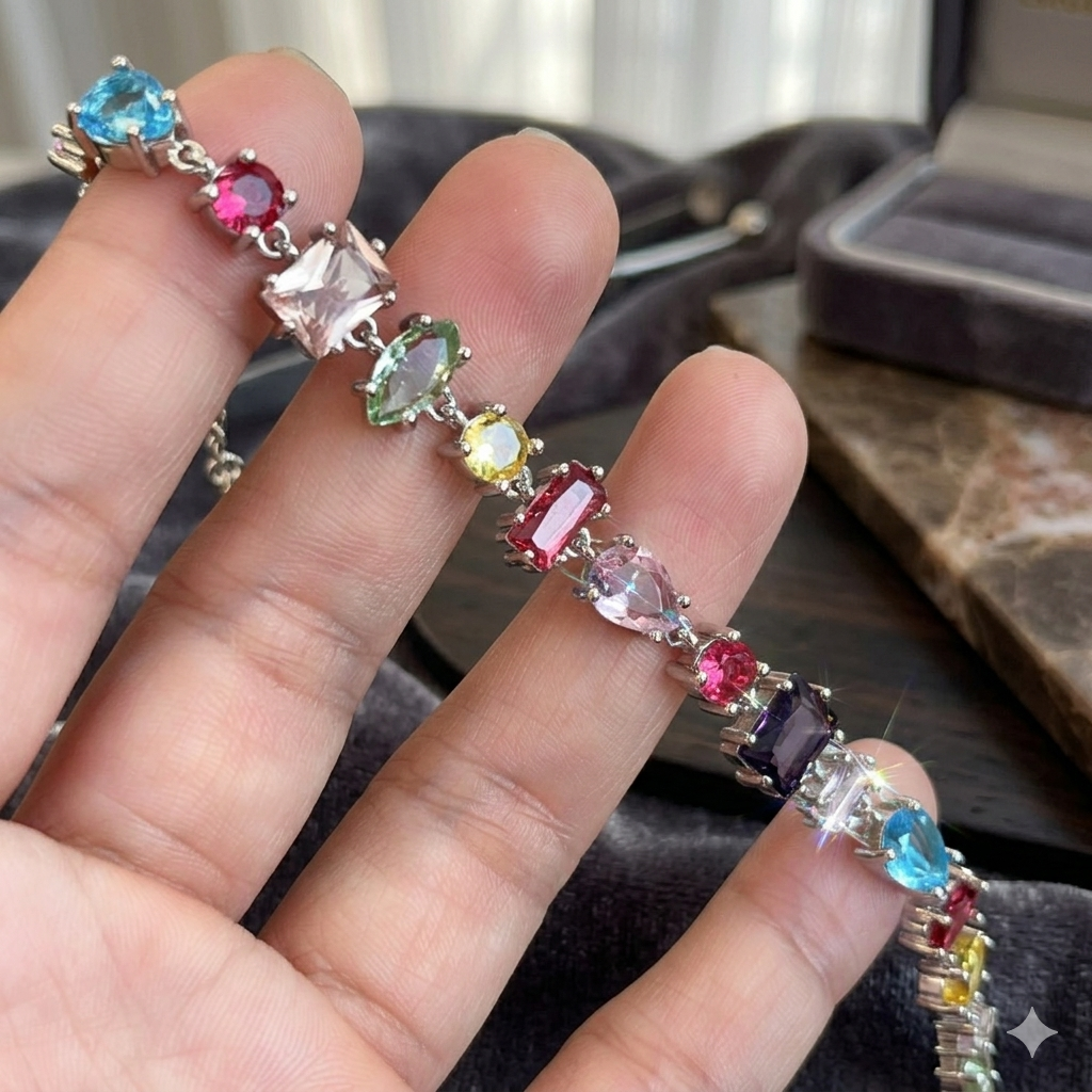 Rainbow Cubic Zirconia S925 Sterling Silver Tennis Bracelet Adjustable Dainty Colorful Jewelry