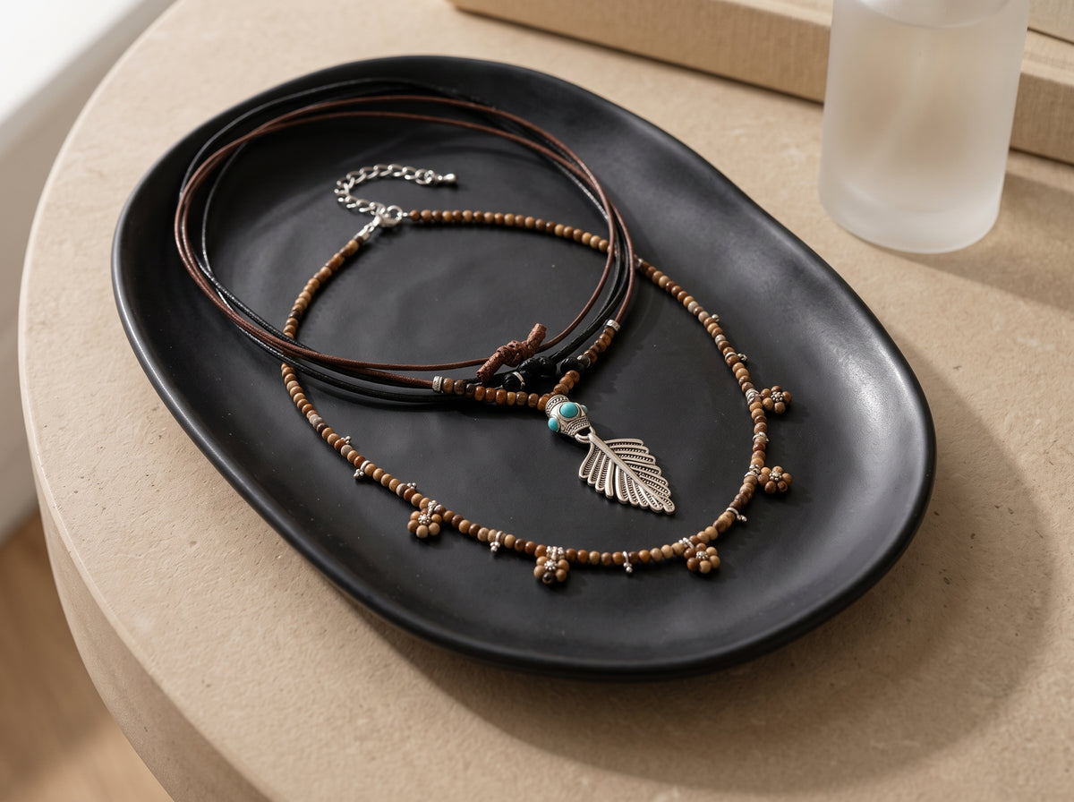 Boho Layered Beaded Pendant Necklace for Women - Vintage Feather & Horse Charm Choker Set