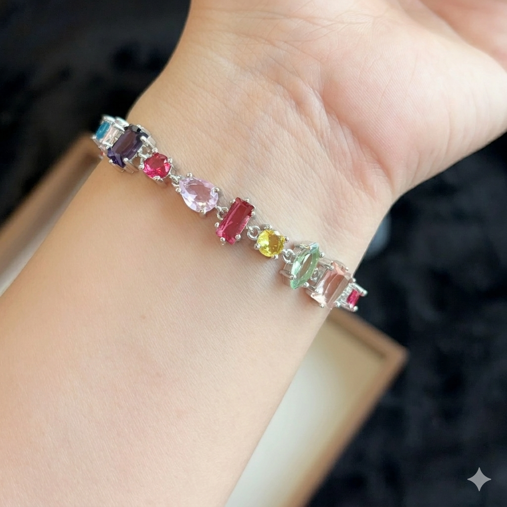 Rainbow Cubic Zirconia S925 Sterling Silver Tennis Bracelet Adjustable Dainty Colorful Jewelry