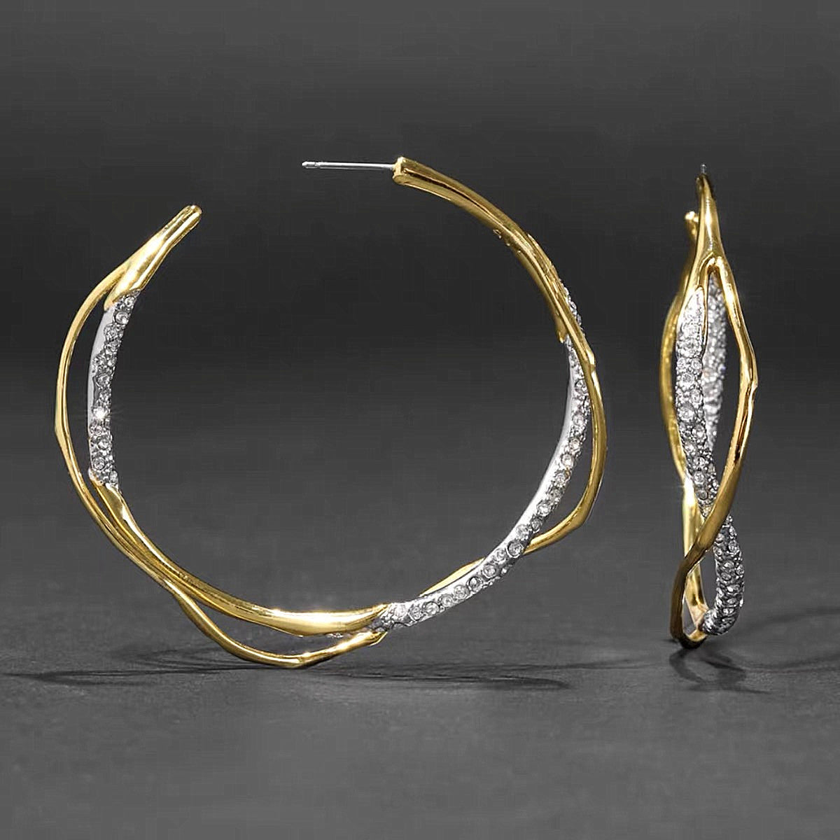 Gold Twisted Hoop Cubic Zirconia Modern Statement Earrings