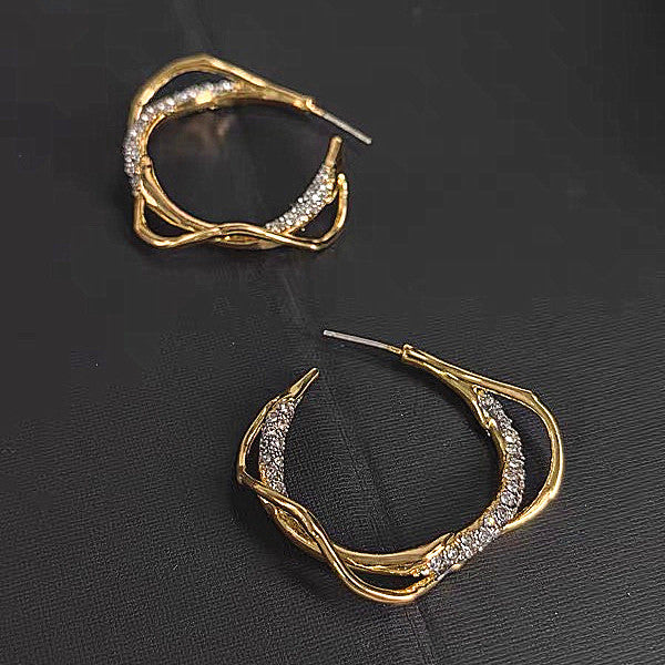 Gold Twisted Hoop Cubic Zirconia Modern Statement Earrings