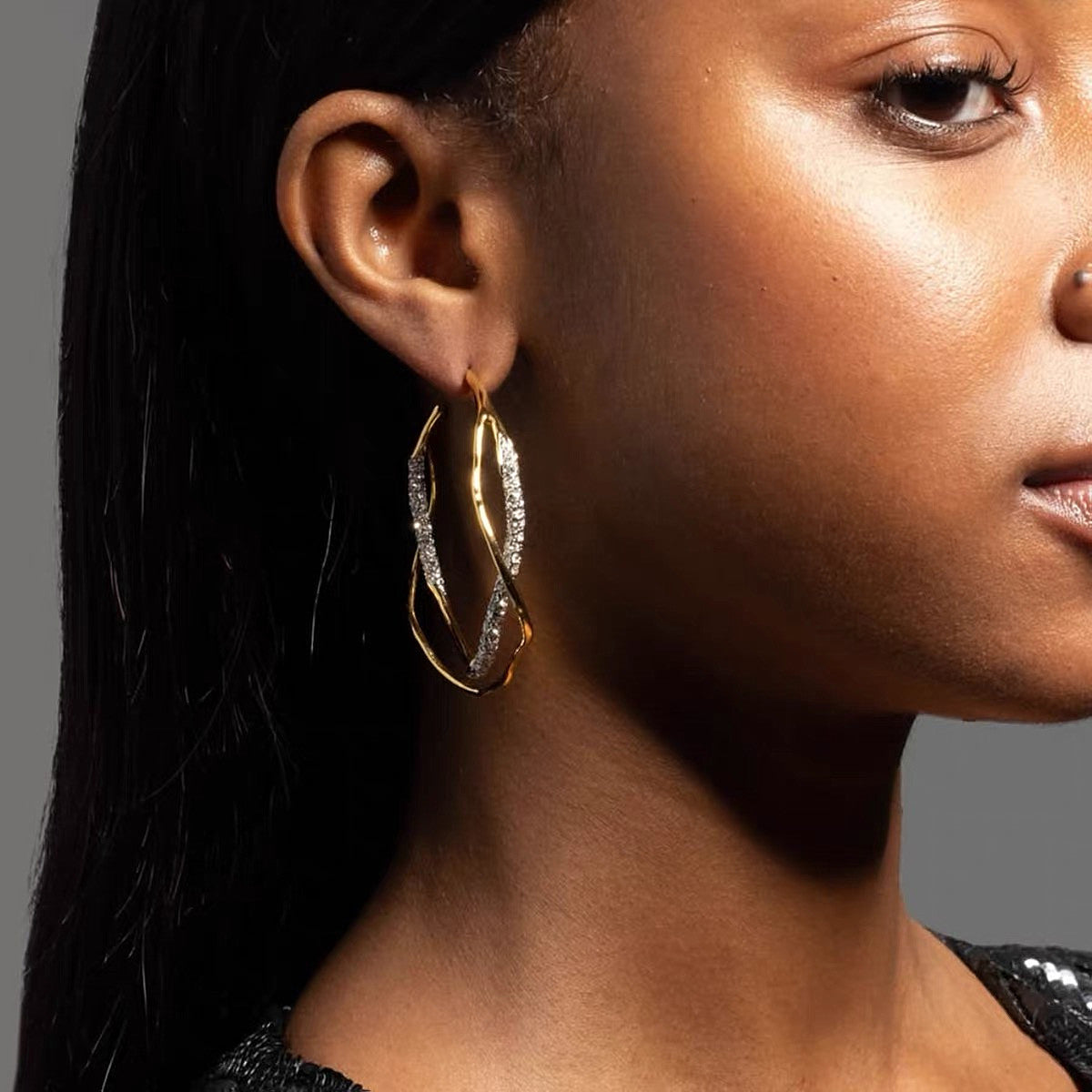 Gold Twisted Hoop Cubic Zirconia Modern Statement Earrings