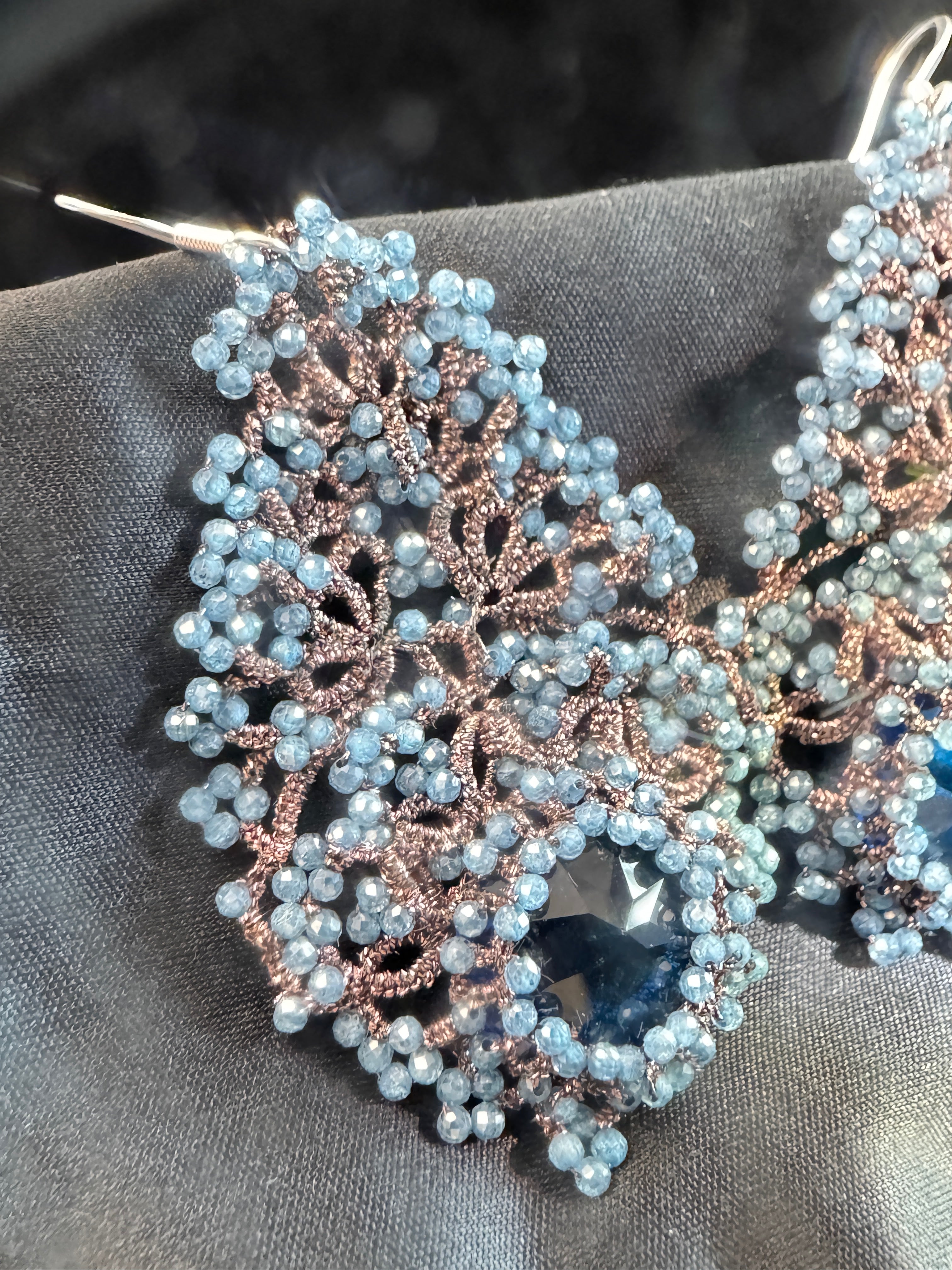 Handwoven Blue Chalcedony Lace Statement Earrings in 925 Silver