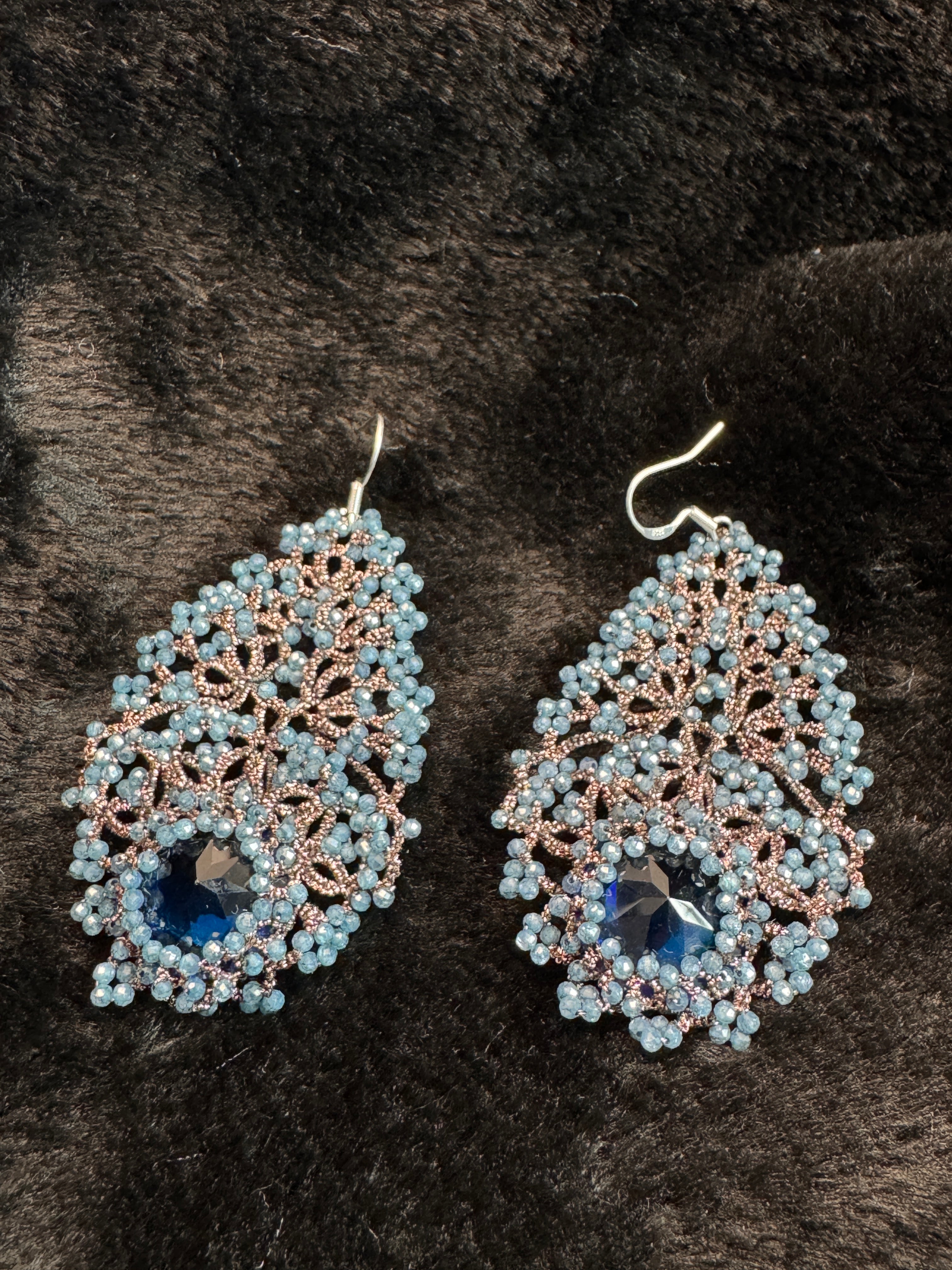 Handwoven Blue Chalcedony Lace Statement Earrings in 925 Silver