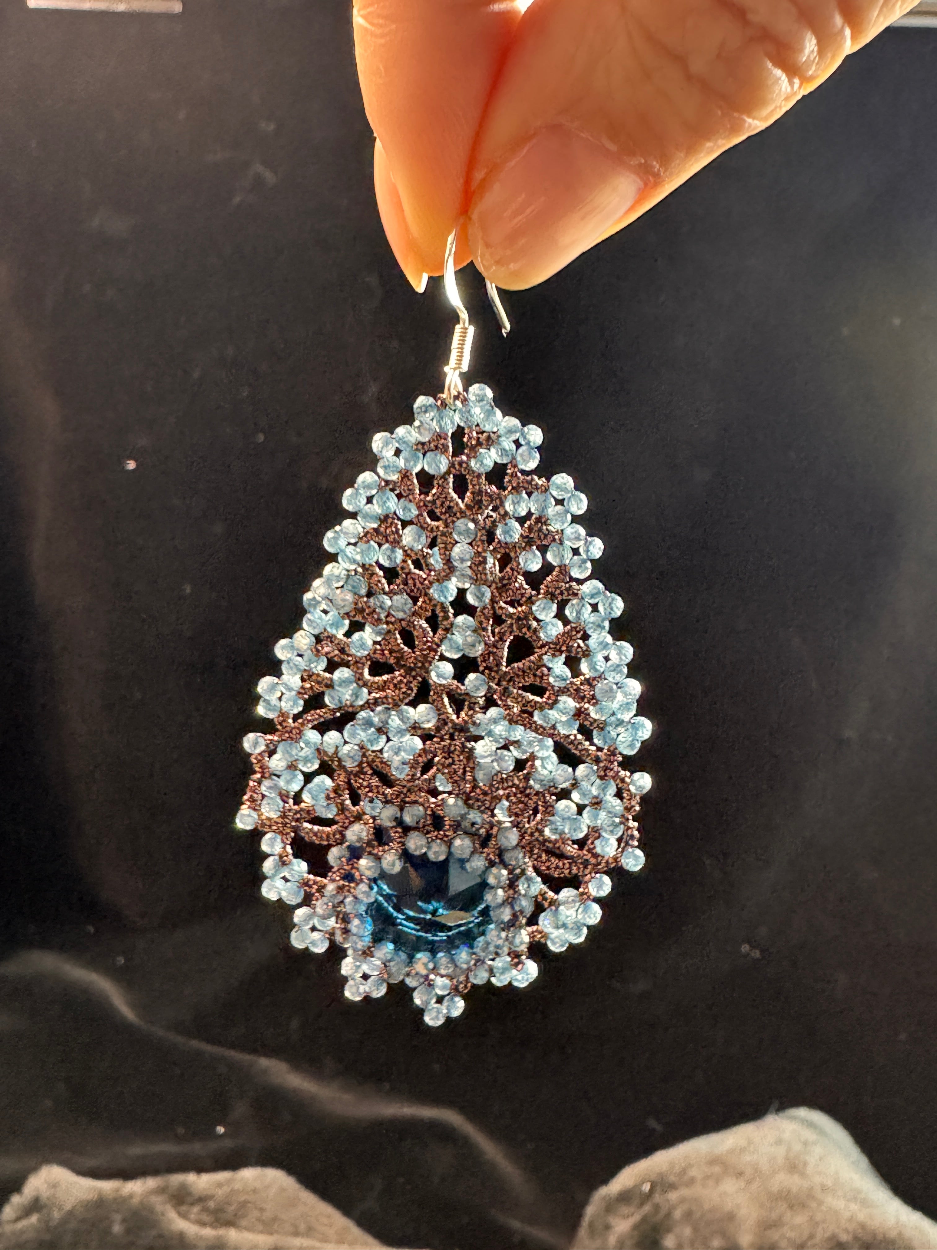 Handwoven Blue Chalcedony Lace Statement Earrings in 925 Silver