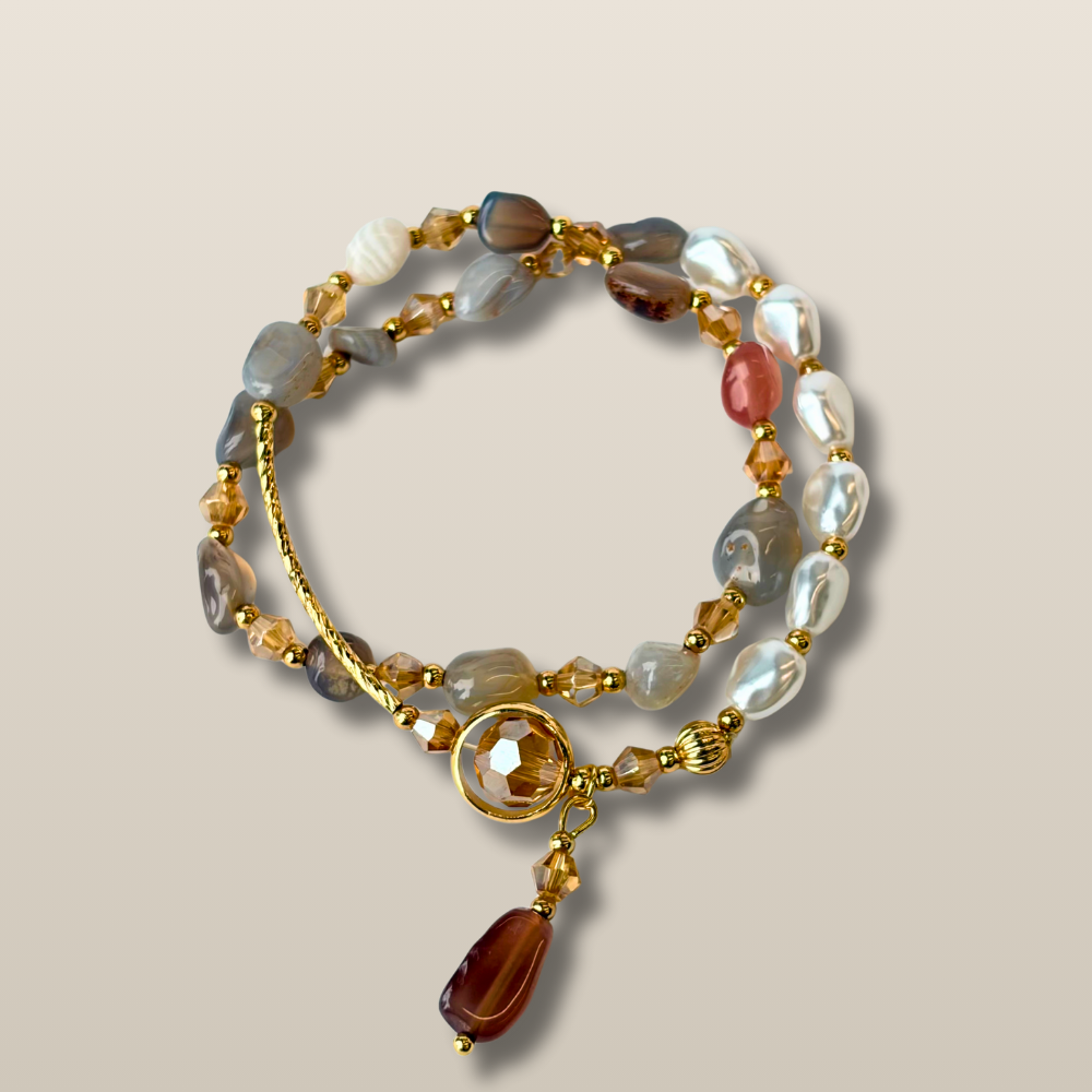 Pearl Agate Gold Beaded Wrap Design Handmade Bracelet