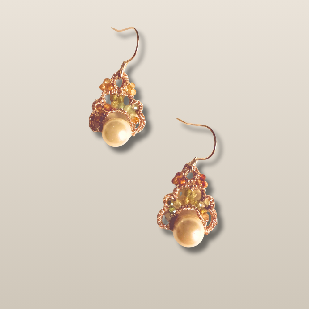 Handmade Lace Tatting Pearl Beaded Pastel Crystal Vintage Earrings