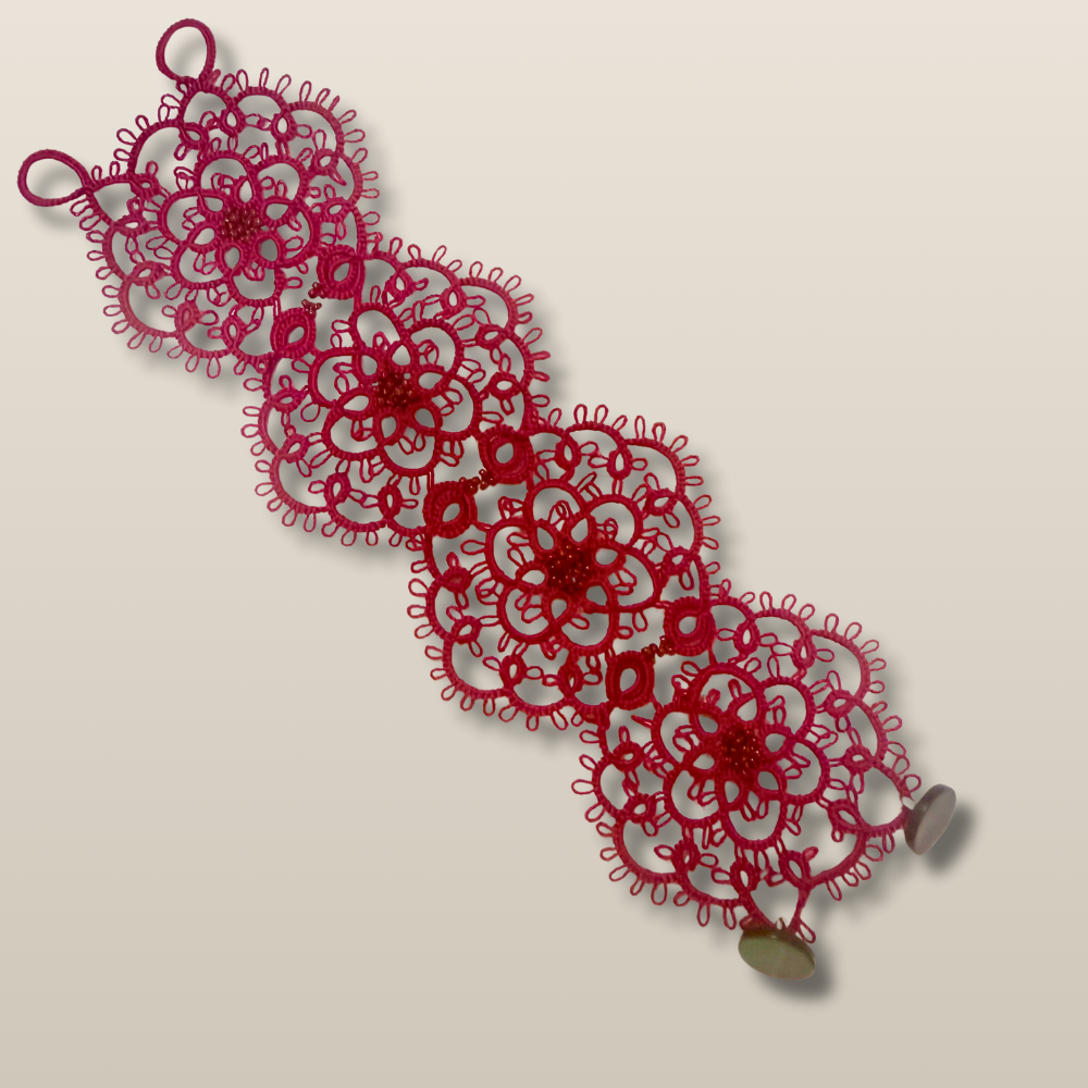 Tatting Lace Handmade Floral Red Vintage Boho Bracelet