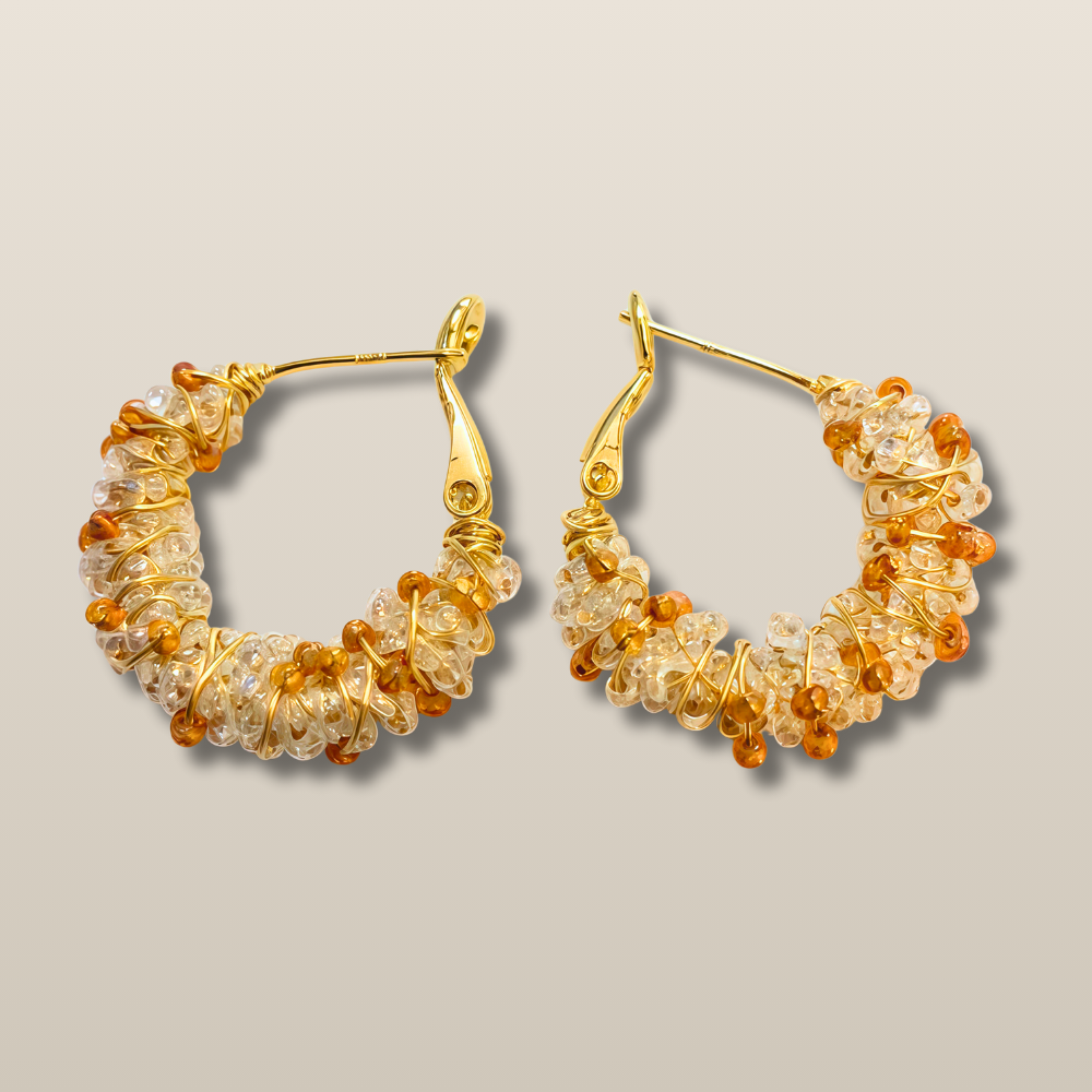 Crystal Beaded Hoop Gold Wire Wrapped Handmade Earrings