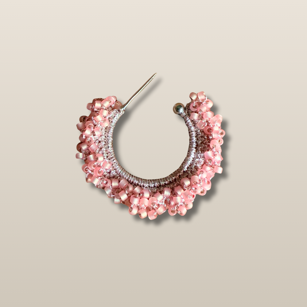 Pink Beaded Wire Wrapped Hoop Handmade Earrings