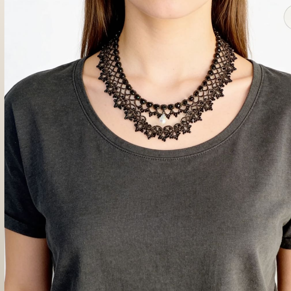 Luxury Black Crystal Lace Tatting Handmade Necklace