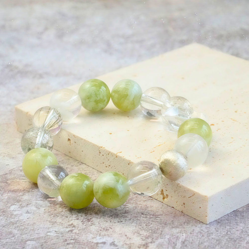 Green Jade Moss Agate Clear Quartz Harmony Healing Balance Prosperity Bracelet