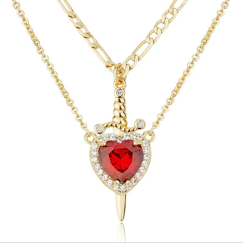 Red Heart Dagger Halo Pendant Plated Necklace