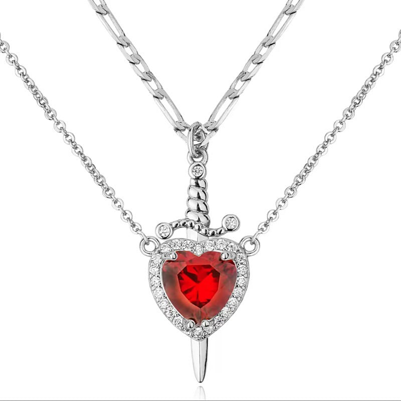 Red Heart Dagger Halo Pendant Plated Necklace