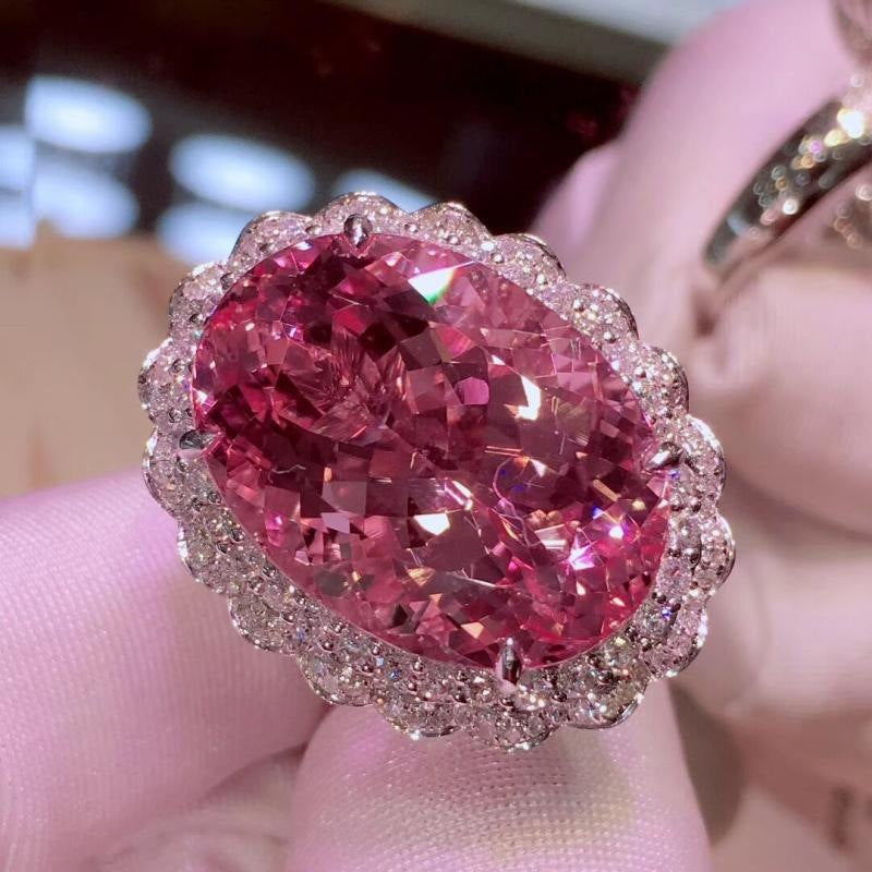 Pink Oval Halo Adjustable Plated Ring