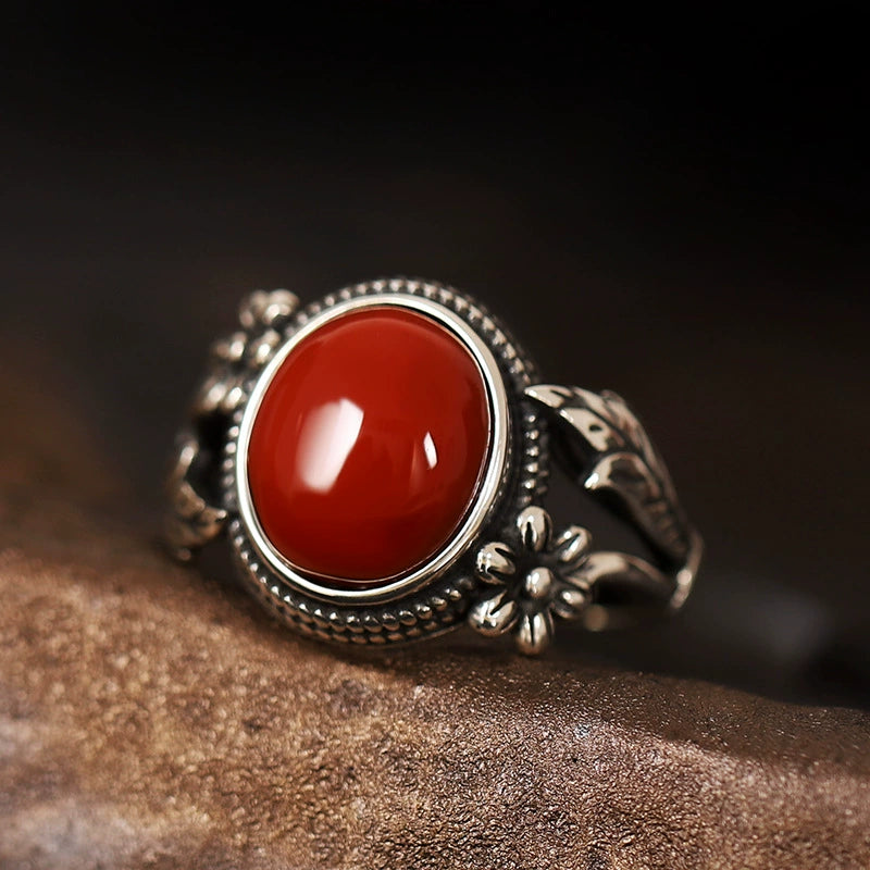 Turquoise Red Agate Silver Protection Ring